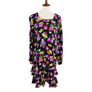 Pat Argente Collection 80s Silk Black Floral Ruffle Hem Dress Women's Size 12